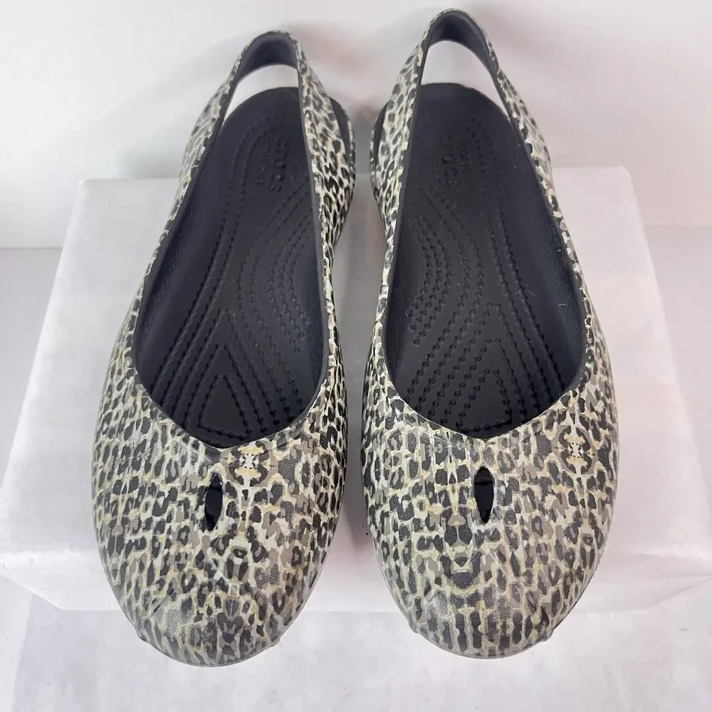Crocs Women Leopard Print Slip On Flats Coastal Grandma Shoes Size W5 Black Gray